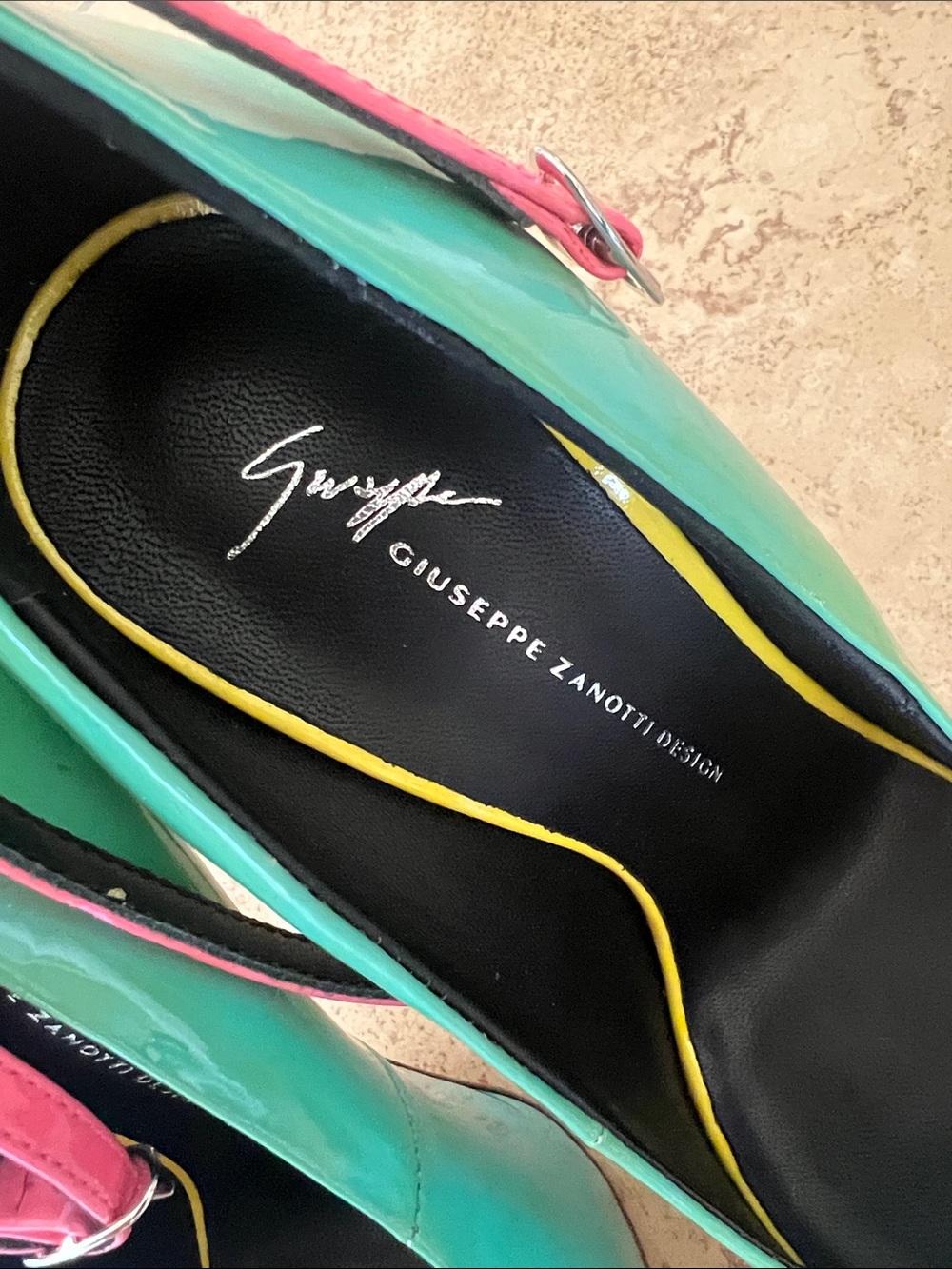 Giuseppe Zanotti Turquoise Patent Peep-Toe Pumps with Pink Ankle Straps - Picture 2 of 4